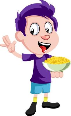 Boy with snacks, illustration, vector on white background.