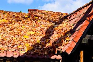 Beautiful sloping sloping tregolnaya roof of the house of red tiles covered with a layer of autumn yellow fallen leaves. The background photo