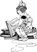 Girl Reading Book and Holding Doll, toys,  vintage engraving. vector