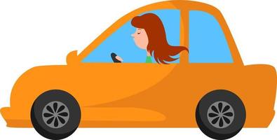 Girl driving car, illustration, vector on white background.