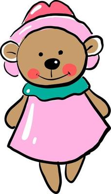 Happy teddy bear in dress, illustration, vector on white background.