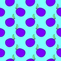 Purple plums, seamless pattern on blue background. vector