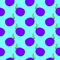 Purple plums, seamless pattern on blue background. vector