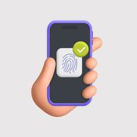 3d vector hand holds Smartphone with security unlocked via fingerprint on screen device done notification design