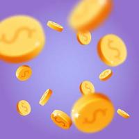 3d vector flying and falling dollar coins explosion effect on purple background banner illustration