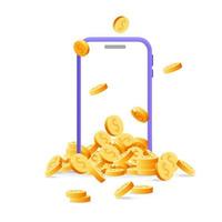 3D vector gold dollar coins falling out from Smartphone screen realistic render banner design