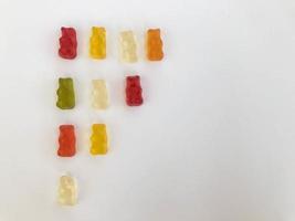 gummy bears lie on a white matte background. gummy bears are arranged by color. demonstration, graph of decreasing and increasing. visual mathematics in a playful way photo