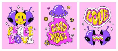 A set of bright retro postcards in the style of hippies and UFOs. Peace and love, good vibes Girl stickers, patches vector