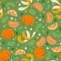 Seamless pattern with citrus fruits. Tangerines and oranges on a green background. Packaging paper, print, textile, fabric vector