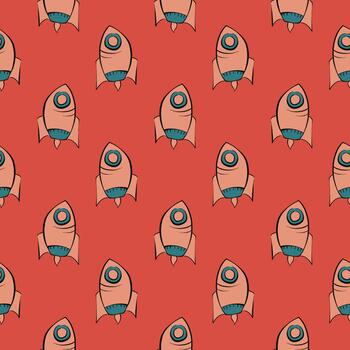 Flying spaceship,seamless pattern on red background. vector