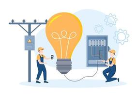 gabinete de panel de servicio de mantenimiento de energía eléctrica e iluminación de trabajo eléctrico técnico en ilustración de plantillas dibujadas a mano de dibujos animados planos vector