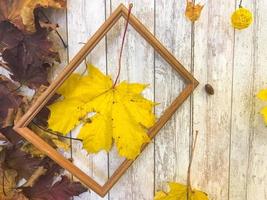 marco rectangular de madera y hojas de otoño naturales de color amarillo, arce en el fondo de tablas de madera. el fondo. textura foto