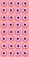 Many small plastic donuts lies on a pastel colorful background. Flat lay minimal pattern. Top view photo