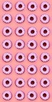 Many small plastic donuts lies on a pastel colorful background. Flat lay minimal pattern. Top view photo