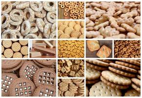 A collage of many pictures with various sweets close-up. A set of images with varieties of biscuits, bagels and candies photo