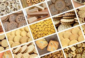 A collage of many pictures with various sweets close-up. A set of images with varieties of biscuits, bagels and candies photo