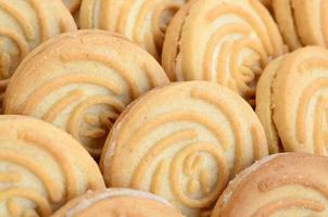 Close-up of a large number of round cookies with coconut filling photo