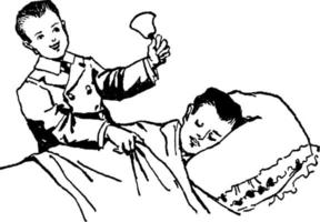 Boy Waking Another Boy with Bell, vintage illustration. vector