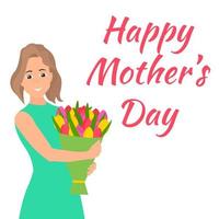 Happy Mothers Day. Woman with beautiful colorful flower. vector