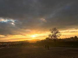 Landscape of a beautiful park and autumn nature with trees at sunset photo