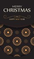 postal feliz navidad y próspero año nuevo en negro con adornos naranjas. vector
