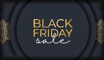 Black Friday advertising template in dark blue color with vintage gold pattern vector