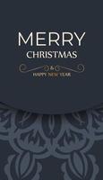 Holiday card Merry Christmas and Happy New Year in dark blue color with vintage blue ornament vector