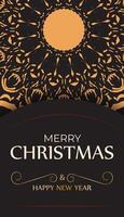 Postcard Merry Christmas and Happy New Year in black with orange ornaments. vector