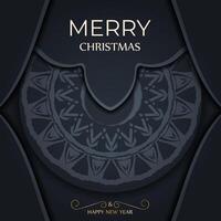 Postcard template Merry Christmas and Happy New Year in dark blue color with vintage blue pattern vector