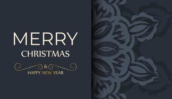 Holiday card Merry Christmas and Happy New Year in dark blue color with luxury blue ornaments vector