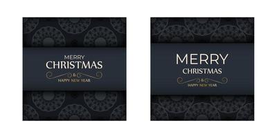 Brochure template Merry Christmas and Happy New Year in dark blue color with vintage blue ornament vector