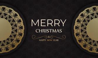 Banner Merry Christmas and Happy New Year in black with gold ornaments. vector