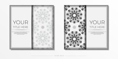 Preparing an invitation with a place for your text and abstract patterns. Luxurious Vector Template for Print Design Postcards White Color with Black Patterns.