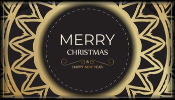 Template Greeting card Happy New Year and Merry Christmas in black color with gold pattern. vector