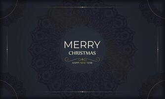 Merry Christmas and Happy New Year greeting brochure template in dark blue color with vintage ornament vector