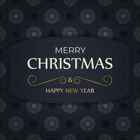 Postcard template Merry Christmas and Happy New Year in dark blue color with vintage blue pattern vector