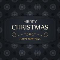 Postcard template Merry Christmas and Happy New Year in dark blue color with vintage blue pattern vector