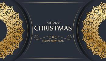 Happy new year flyer template in dark blue color with vintage gold ornament vector