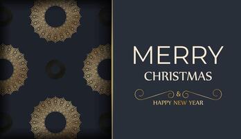 Merry Christmas and Happy New Year greeting card template in dark blue color with winter gold pattern vector
