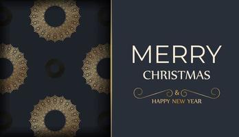 plantilla de tarjeta de felicitación de feliz navidad y feliz año nuevo en color azul oscuro con patrón de oro de invierno vector