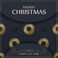 Happy new year flyer template in dark blue color with winter gold pattern vector