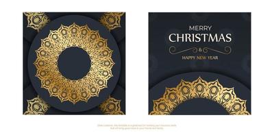 Merry Christmas and Happy New Year greeting card template in dark blue color with luxury gold pattern vector