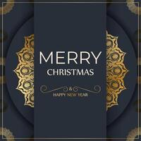 Happy new year flyer template in dark blue color with abstract gold pattern vector