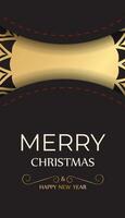 Flyer Happy New Year and Merry Christmas in black color with gold ornaments. vector