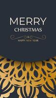 Flyer merry christmas and happy new year dark blue color with abstract gold pattern vector