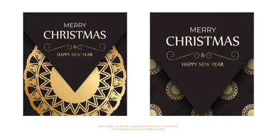 Postcard template Merry Christmas and Happy New Year in black color with gold pattern. vector