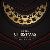 Template Greeting card Merry Christmas and Happy New Year in black color with gold pattern. vector