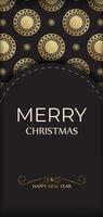 Greeting Card Happy New Year and Merry Christmas in black color with gold ornaments. vector