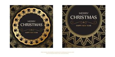 Black Merry Christmas and Happy New Year flyer template with gold ornaments. vector