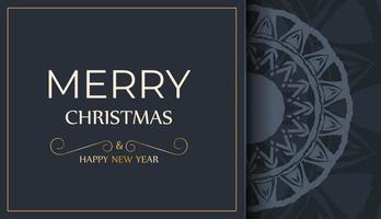 Postcard Template Merry Christmas and Happy New Year in dark blue color with abstract blue pattern vector